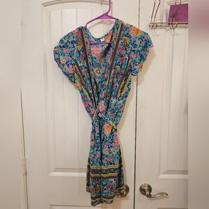 Womens Wrap Dress Size Small Summer Bohemian Aqua Floral Print Ruffle